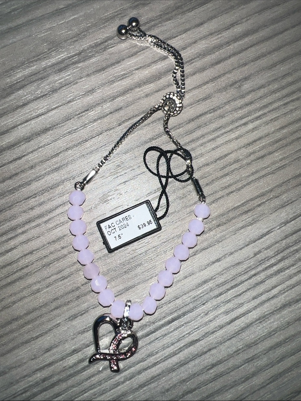 Light pink  Beaded Heart Ribbon Bracelet - Silver Charm with Swarovski Crystal
